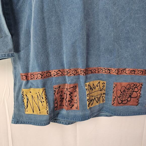 Vintage Denim Outfit 2 Piece Set Large Long Shirt Skirt Jean Blue Fall Leaf Puff - Picture 14 of 16